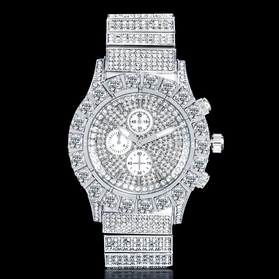 Helloice  Iced Round Cut Luminous Men's Watch in White Gold