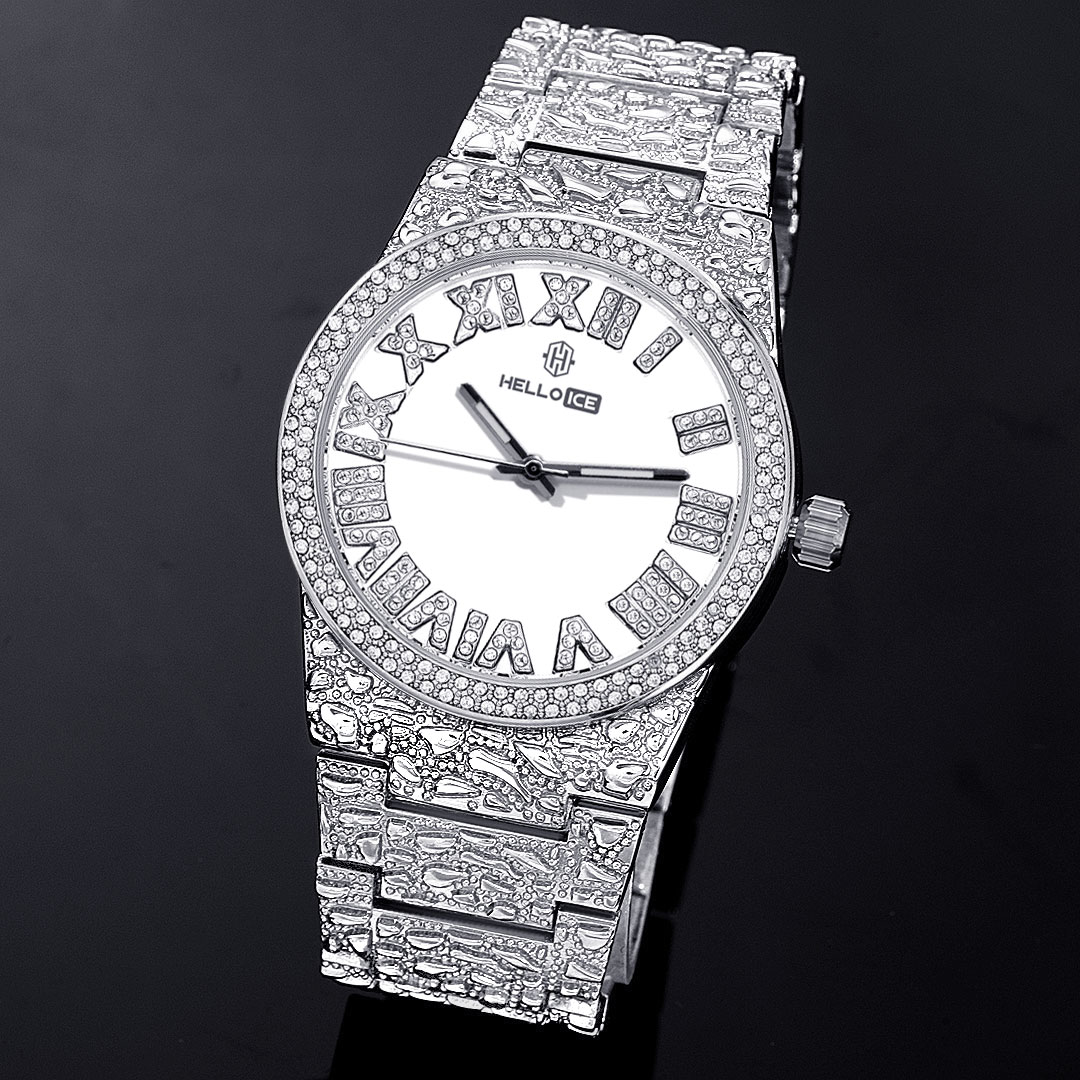 Helloice Iced Nugget Style Roman Numerals Watch in White Gold