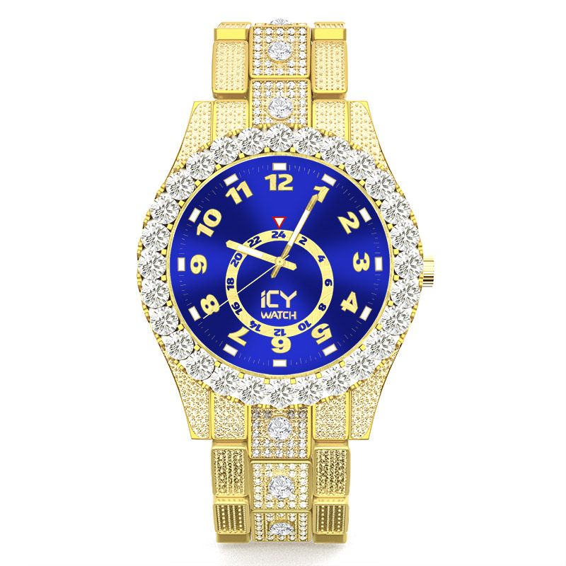 Helloice Iced Arabic Numerals Blue Dial Men's Watch in Gold