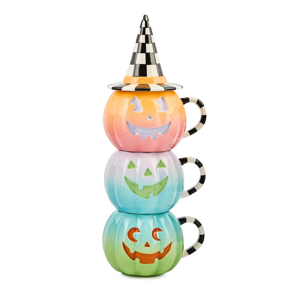 MacKenzie-Childs Trick or Treat Lidded Pumpkin Mug Tower - Set of 3