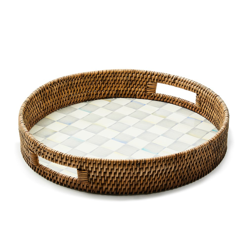 MacKenzie Childs Sterling Check Enamel & Rattan Tray - Round