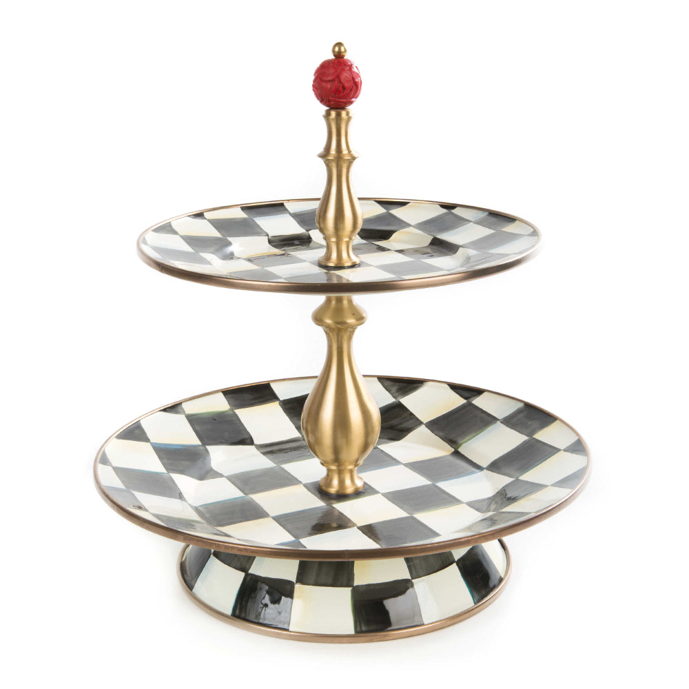 MacKenzie-Childs Two Tier Sweet Stand Courtly Check Enamel