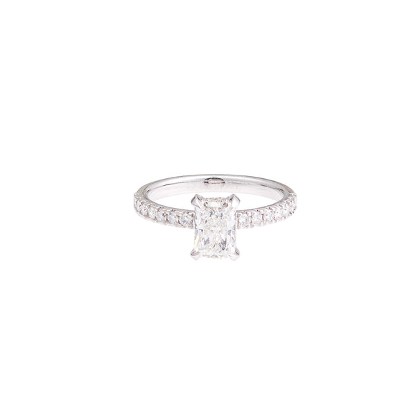 Radiant Lab-Grown Diamond Hidden Halo Engagement Ring with Pave Band in 14k White Gold