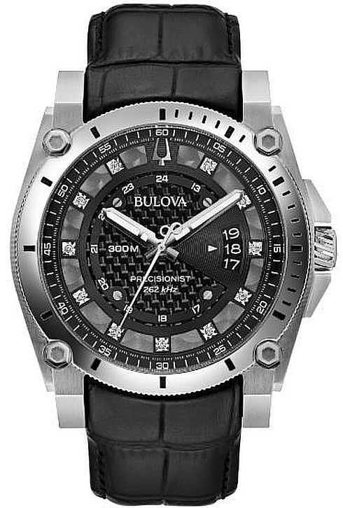 Men's Bulova Precisionist Diamond Black Leather Strap Watch 96D147