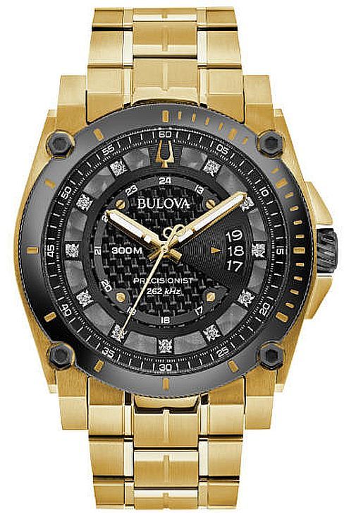 Men's Bulova Precisionist Diamond Dial Gold Tone Diver's Steel Watch 98D156