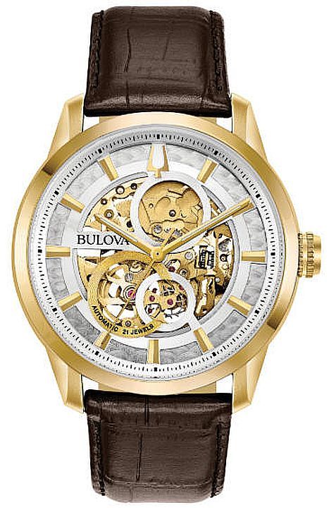Men's Bulova Sutton Automatic Skeleton Gold Tone Steel Watch 97A138