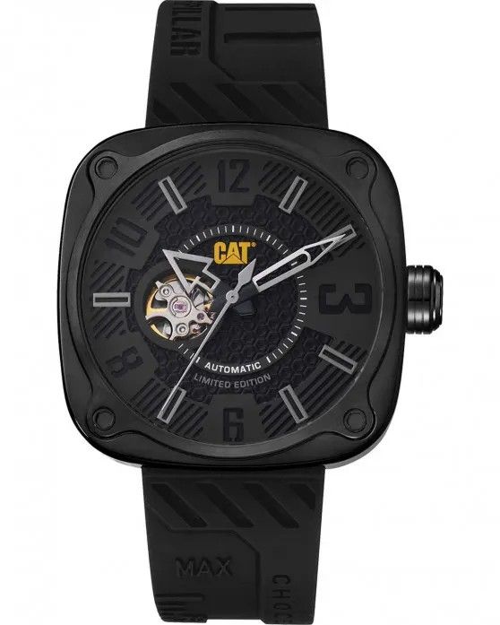 Men's CAT Caterpillar Auto Square Limited Edition Automatic Black Silicone Strap Watch AT16821131