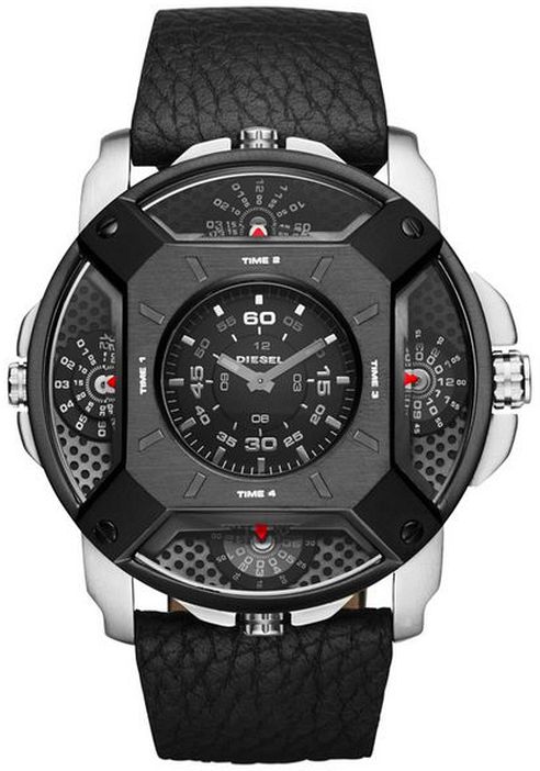 Men's Diesel Lens 5 Time Zone Black Leather Strap Watch DZ7384