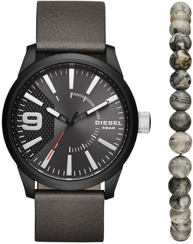 Men's Diesel Rasp Grey Leather Strap Watch Set DZ1776