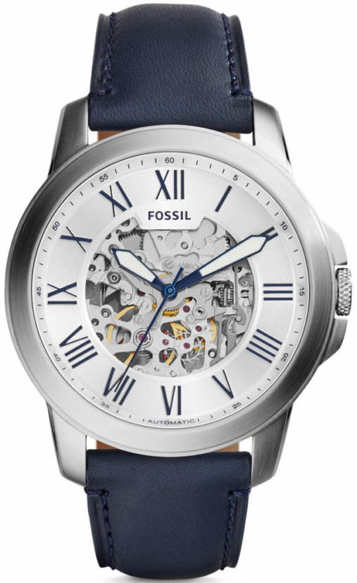 Men's Fossil Grant Automatic Navy Blue Leather Strap Watch ME3111