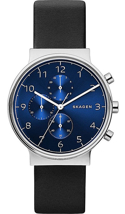 Men's Skagen Ancher Chronograph Black Leather Strap Watch SKW6417