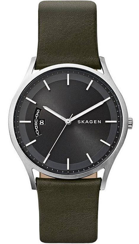 Men's Skagen Holst Dark Green Leather Band Watch SKW6394