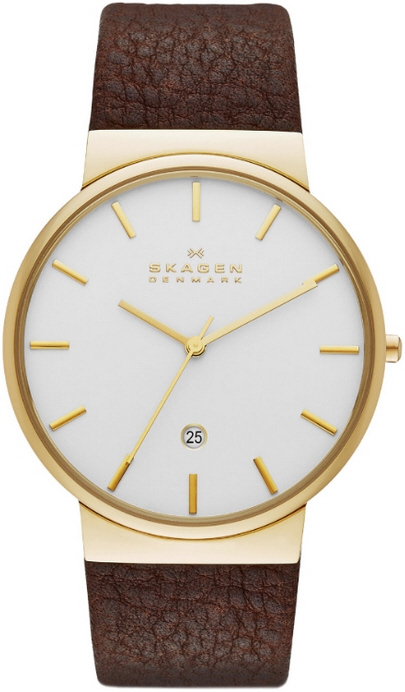 Men's Brown Skagen Ancher Leather Band Watch SKW6142