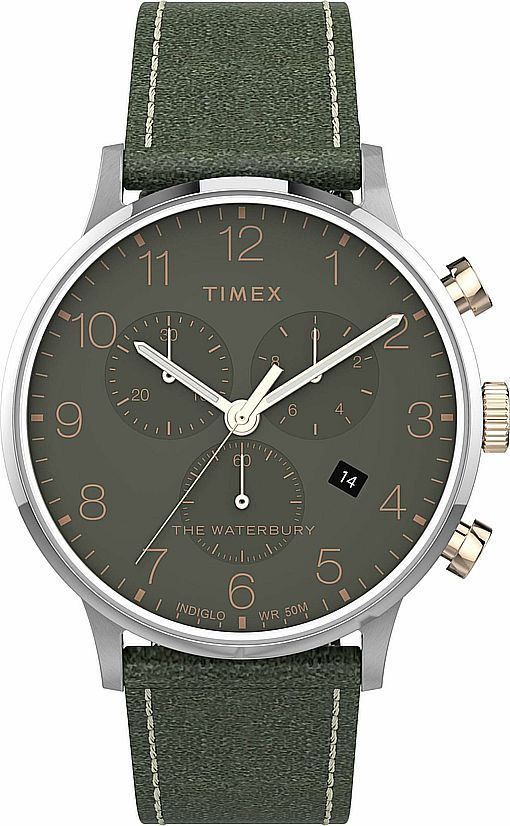 Men's Timex The Waterbury Chronograph Green Leather Watch TW2T71400