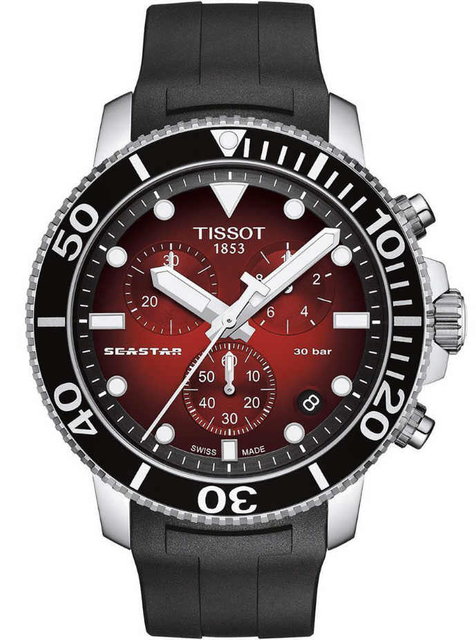 Mens Tissot 1853 Seastar 1000 Red Dial Chronograph Diver's Watch T1204171742100