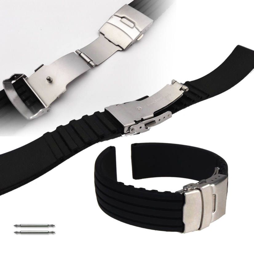 Michael Kors Compatible Black Rubber Silicone Replacement Watch Band Strap Double Locking Steel Buckle #4011