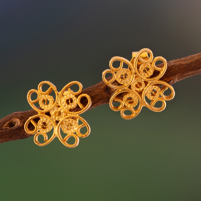 Handmade Floral Gold Plated Filigree Flower Earrings, "Andean Blossom"