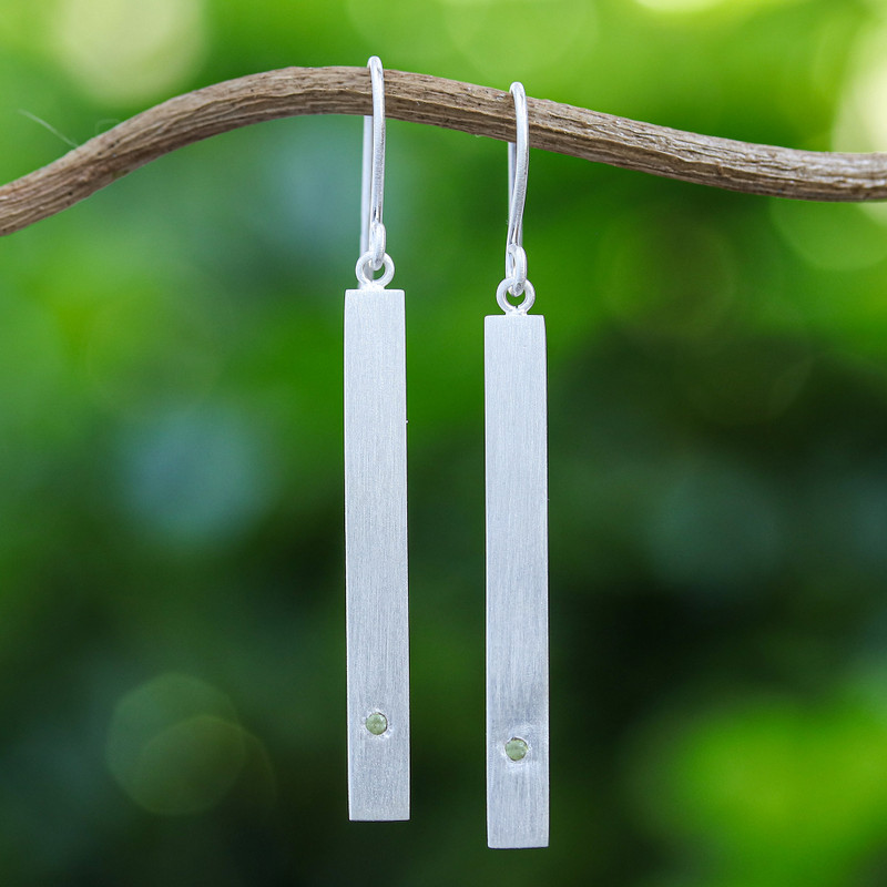 Peridot and Brushed Silver Dangle Earrings from Thailand, "Simple Energy"