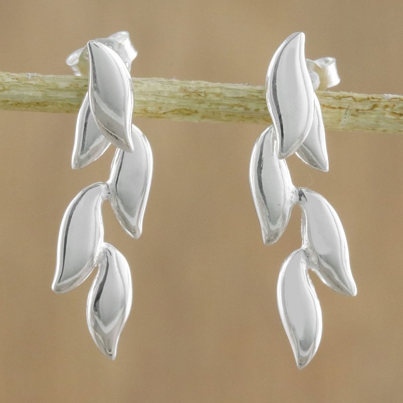 925 Sterling Silver Leaves Post Drop Earrings, "Floating Leaves"