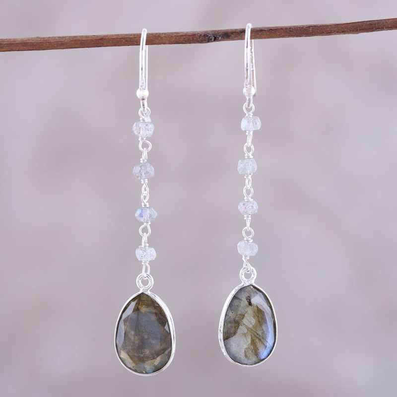 10-Carat Labradorite Dangle Earrings from India, "Raining Drops"