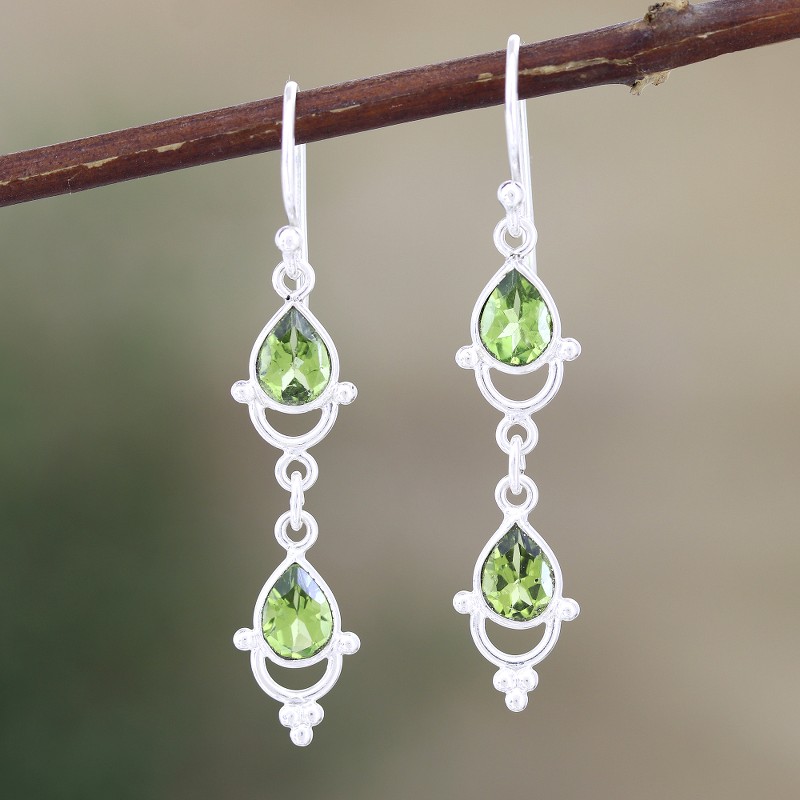 Indian Peridot and Sterling Silver Dangle Earrings, "Gleaming Drops"