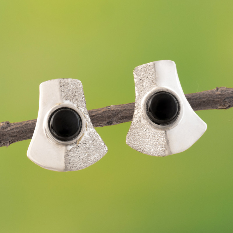 Modern Textured and Polished Onyx Button Earrings, "Double Energies"