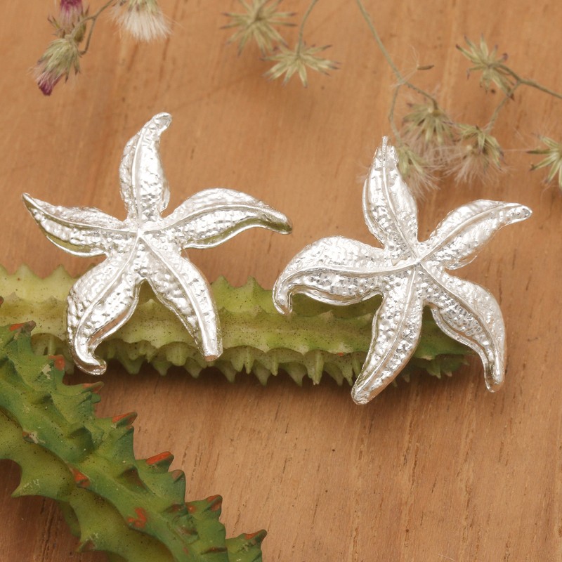 Textured Starfish-Shaped Sterling Silver Button Earrings, "Starfish Heaven"