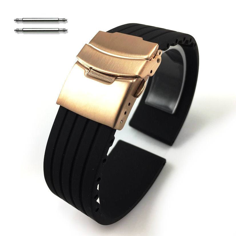 Skagen Compatible Black Rubber Silicone Watch Band Strap Rose Gold Double Locking Clasp #4011RG