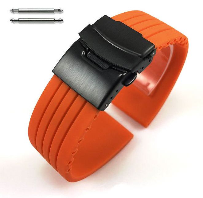 Skagen Compatible Orange Rubber Silicone Watch Band Strap Double Locking Black PVD Steel Buckle #4014