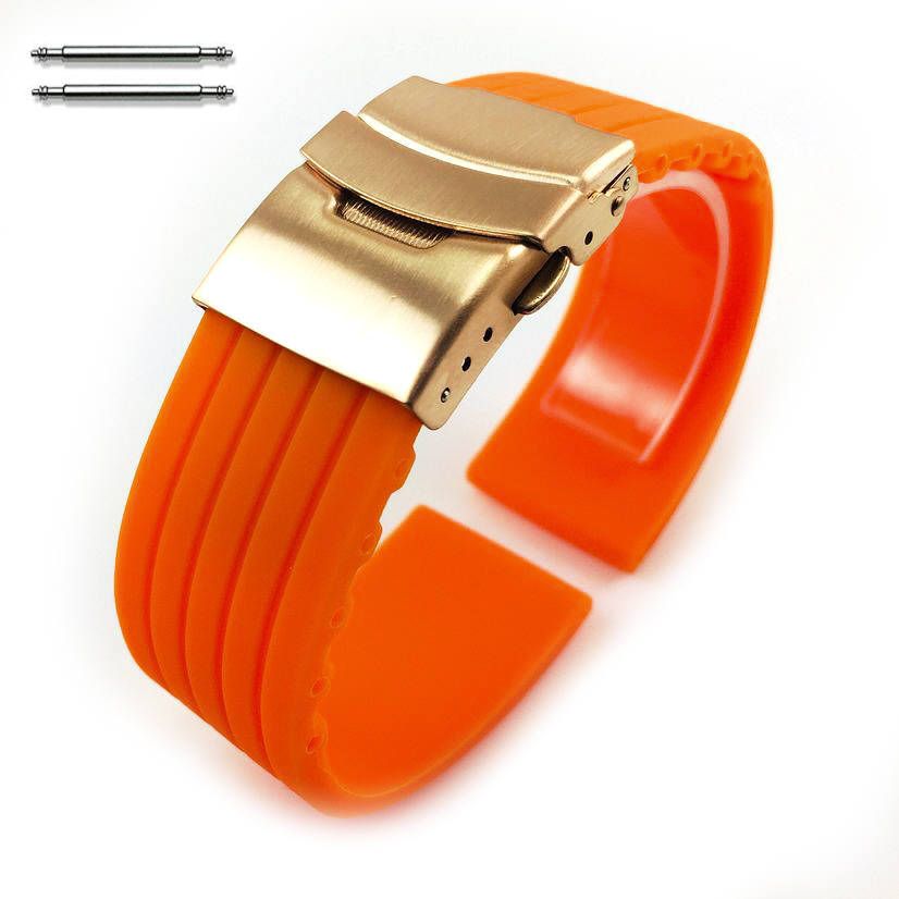 Skagen Compatible Orange Rubber Silicone Watch Band Strap Rose Gold Double Locking Clasp #4013RG