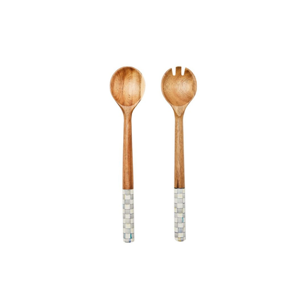 MacKenzie-Childs Sterling Check Wood Salad Servers